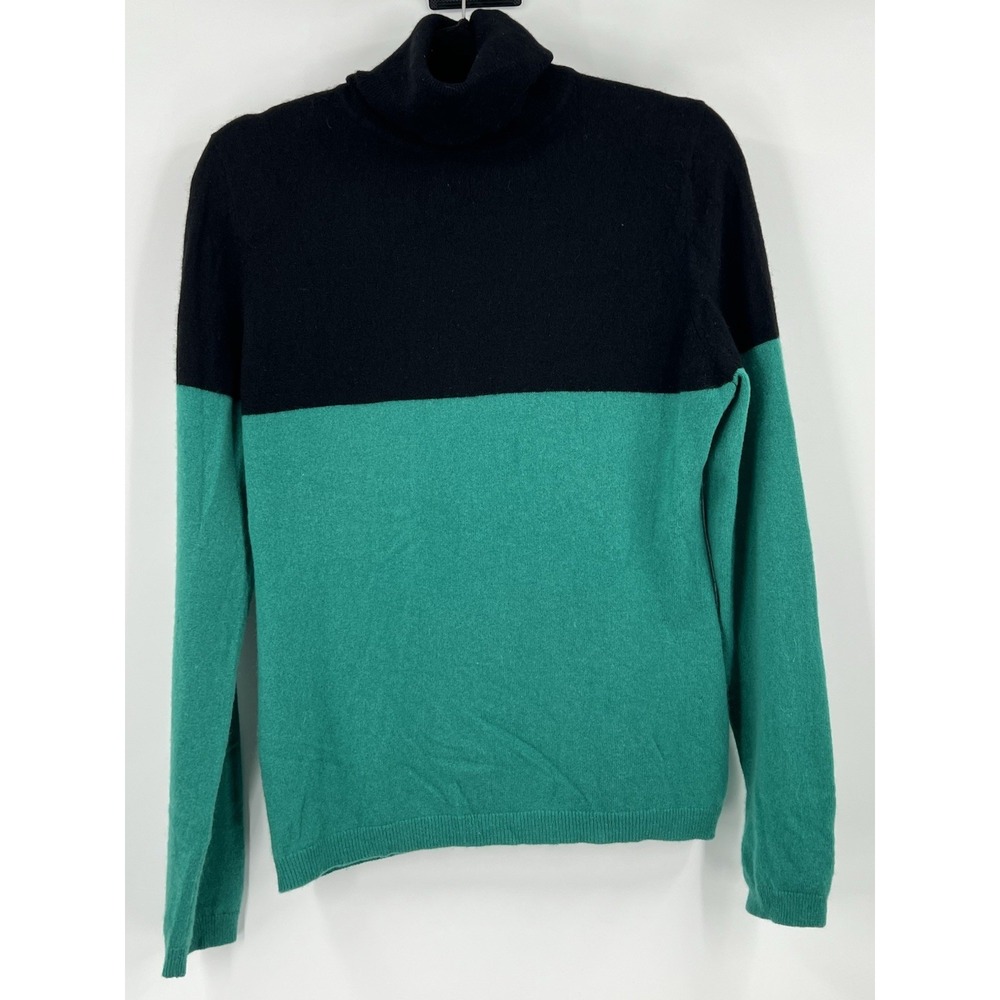 Garnet Hill Sweater Womens Large Black & Green 100% Cashmere Turtleneck Pullover